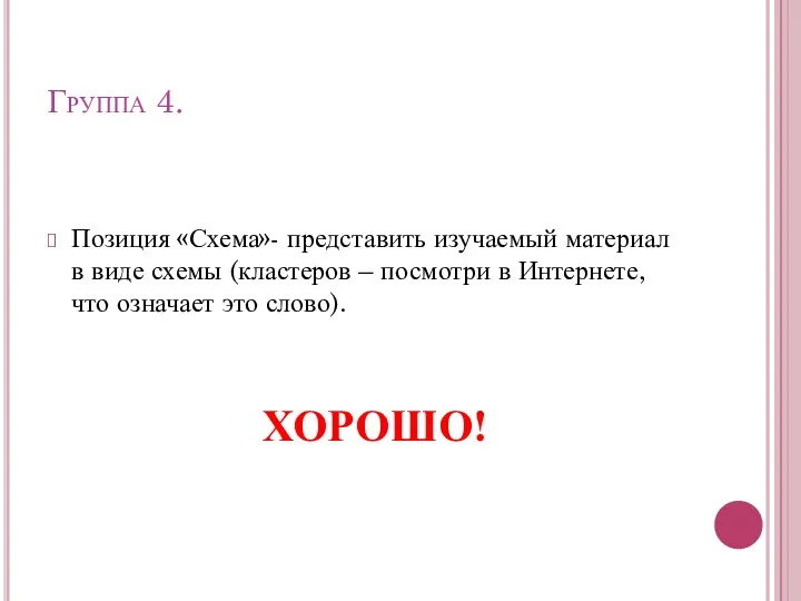 Группа 4. Позиция «Схема»- представить изучаемый материал в виде схемы