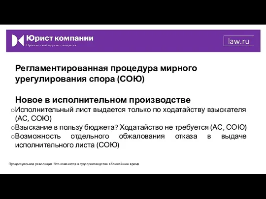 Регламентированная процедура мирного урегулирования спора (СОЮ) Новое в исполнительном производстве