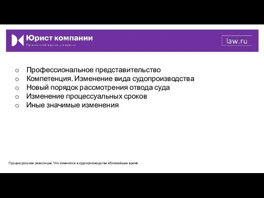 Профессиональное представительство Компетенция. Изменение вида судопроизводства Новый порядок рассмотрения отвода