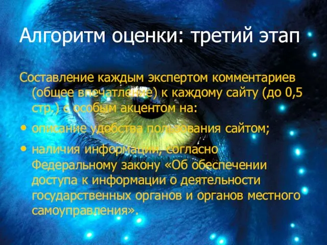 Алгоритм оценки: третий этап Составление каждым экспертом комментариев (общее впечатление)