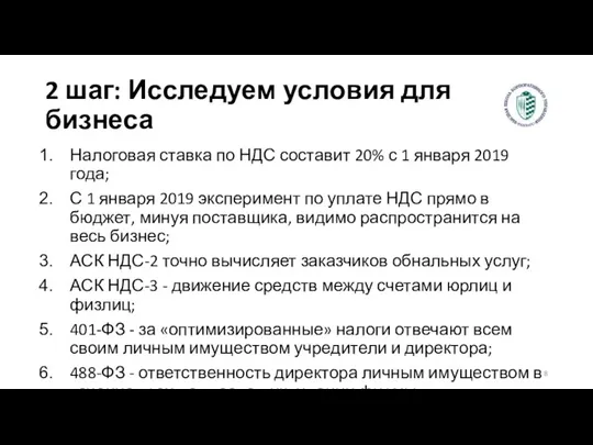 2 шаг: Исследуем условия для бизнеса Налоговая ставка по НДС