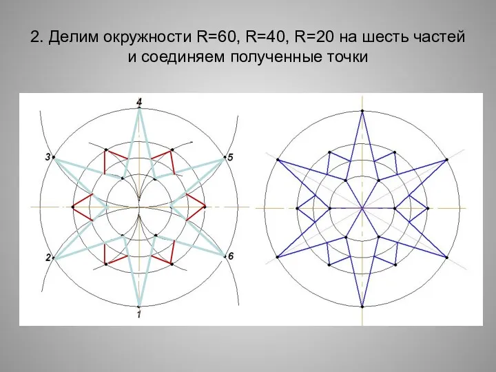 2. Делим окружности R=60, R=40, R=20 на шесть частей и соединяем полученные точки