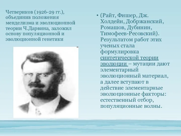 Четвериков (1926-29 гг.), объединив положения менделизма и эволюционной теории Ч.Дарвина,