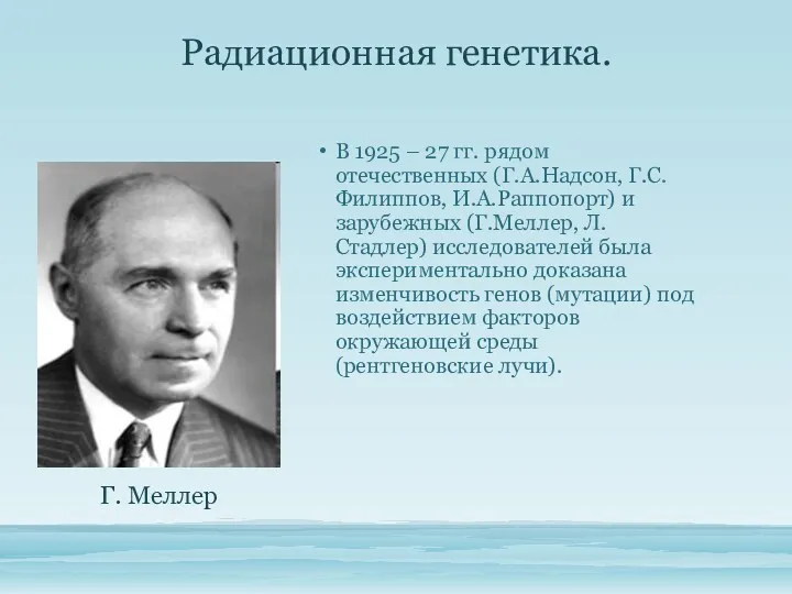 Радиационная генетика. В 1925 – 27 гг. рядом отечественных (Г.А.Надсон,