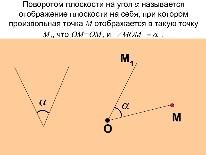 Поворотом плоскости на угол называется отображение плоскости на себя, при