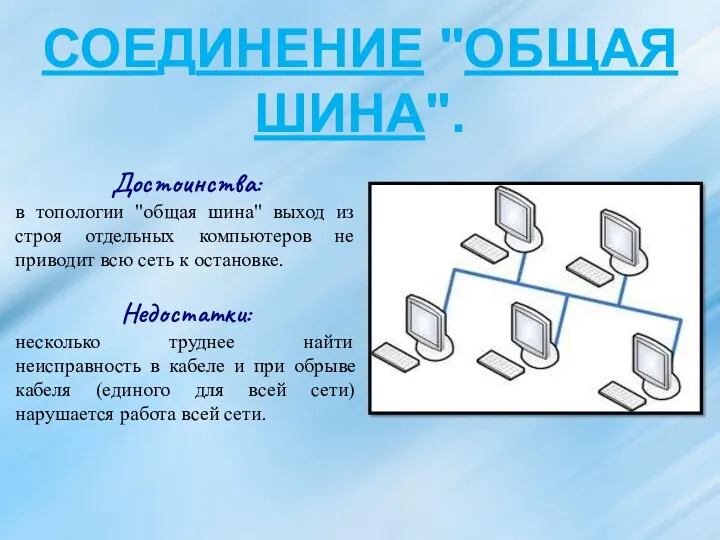 СОЕДИНЕНИЕ "ОБЩАЯ ШИНА". Достоинства: в топологии "общая шина" выход из