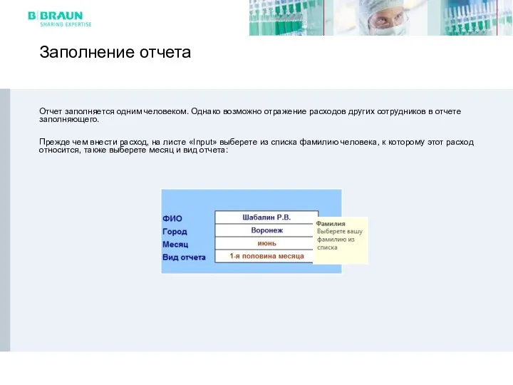 Заполнение отчета Отчет заполняется одним человеком. Однако возможно отражение расходов