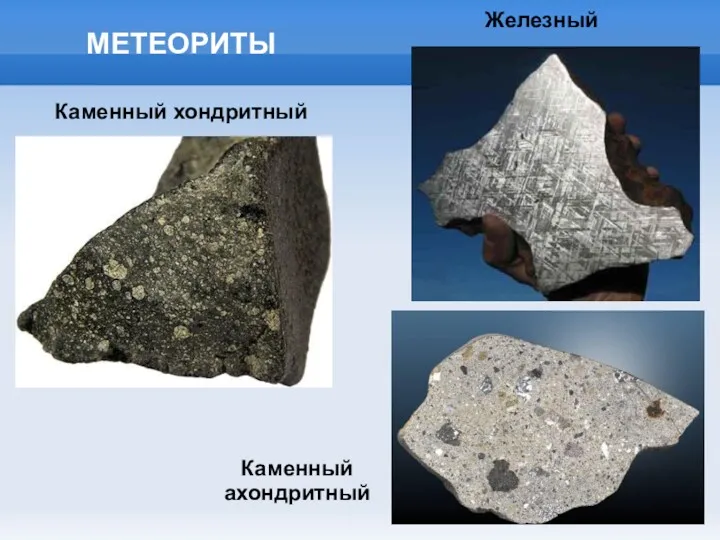 МЕТЕОРИТЫ Каменный хондритный Железный Каменный ахондритный