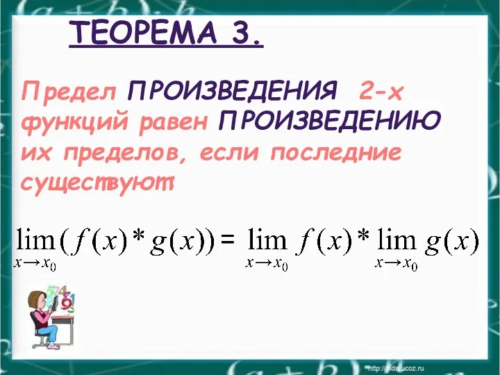 ТЕОРЕМА 3. Предел ПРОИЗВЕДЕНИЯ 2-х функций равен ПРОИЗВЕДЕНИЮ их пределов, если последние существуют: