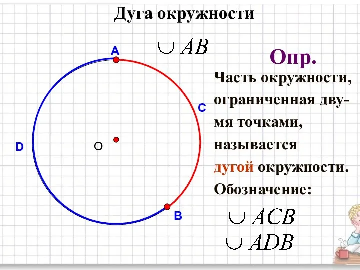 Дуга окружности С Опр. Часть окружности, ограниченная дву- мя точками, называется дугой окружности. Обозначение: