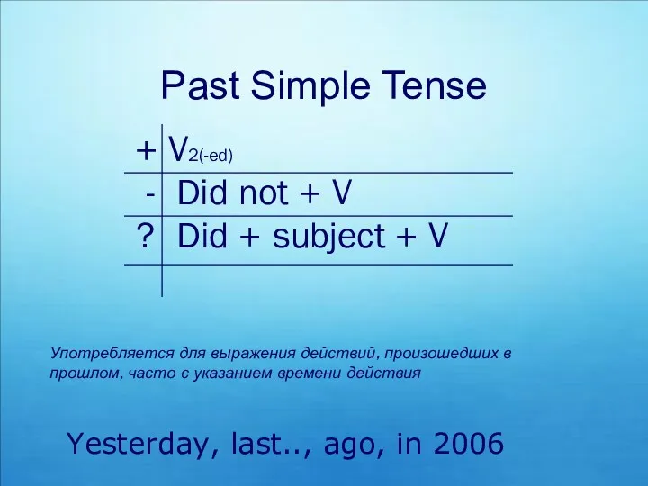 Past Simple Tense Yesterday, last.., ago, in 2006 + V2(-ed)