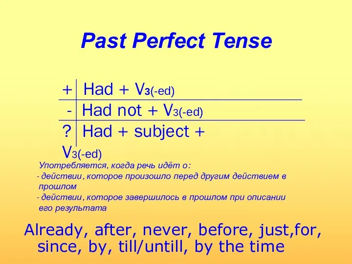 Past Perfect Tense Already, after, never, before, just,for, since, by,