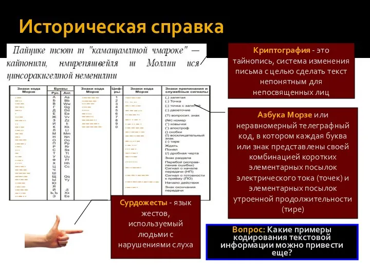 Историческая справка Криптография - это тайнопись, система изменения письма с