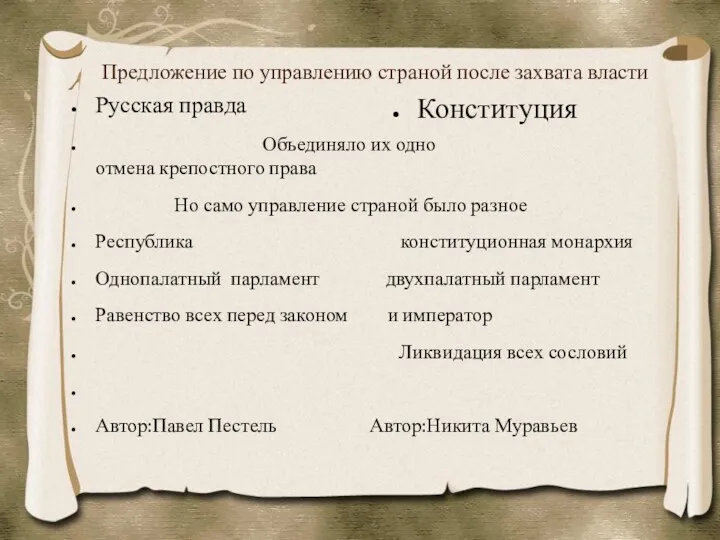 Предложение по управлению страной после захвата власти Русская правда Объединяло