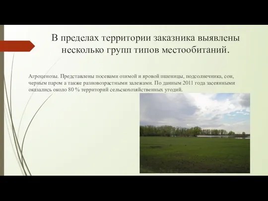 В пределах территории заказника выявлены несколько групп типов местообитаний. Агроценозы.