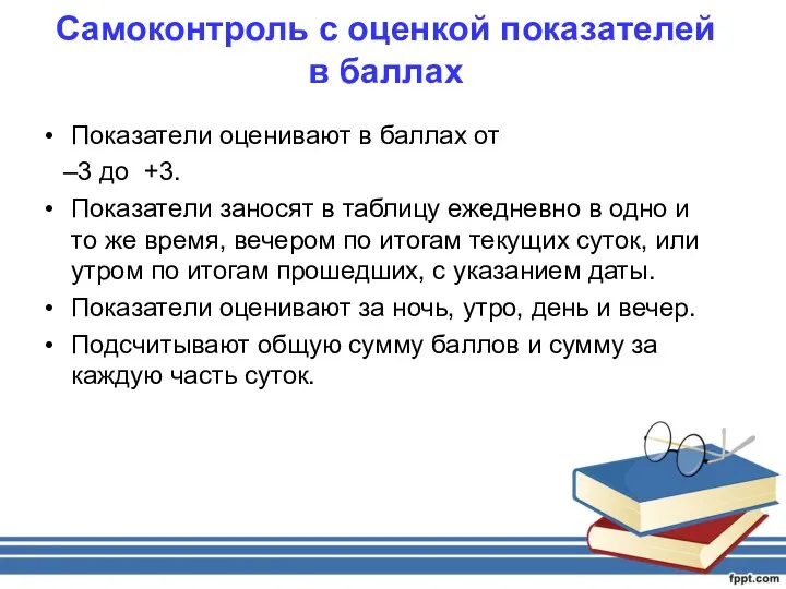 Самоконтроль с оценкой показателей в баллах Показатели оценивают в баллах