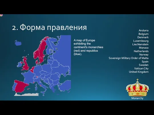 2. Форма правления Monarchy A map of Europe exhibiting the