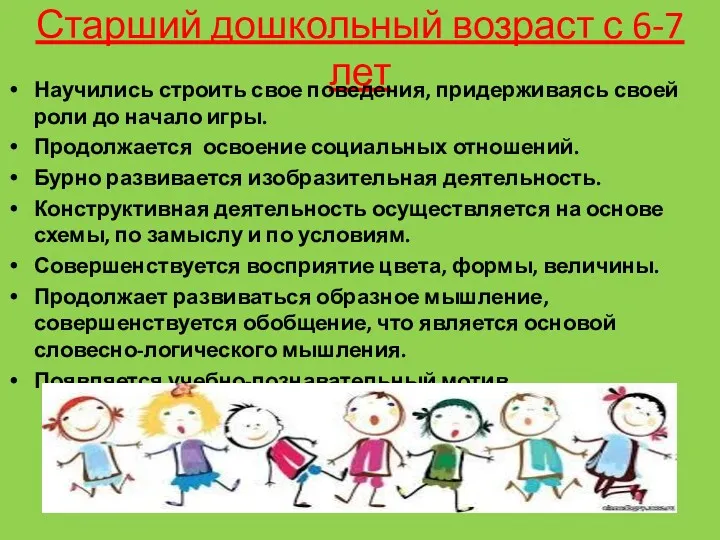 Старший дошкольный возраст с 6-7 лет Научились строить свое поведения,