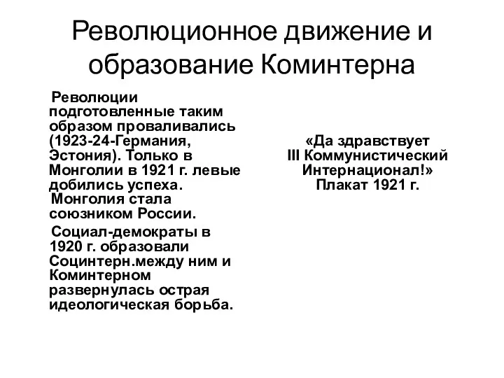 Революционное движение и образование Коминтерна Революции подготовленные таким образом проваливались(1923-24-Германия,Эстония).