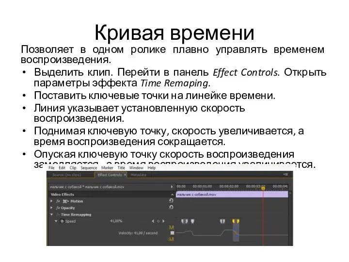 Кривая времени Позволяет в одном ролике плавно управлять временем воспроизведения.