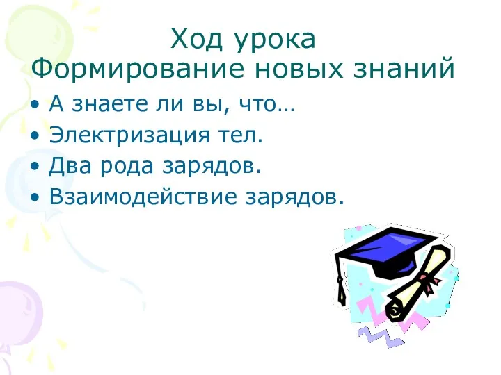 Ход урока Формирование новых знаний А знаете ли вы, что… Электризация тел. Два