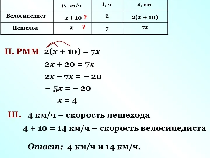 II. РММ 2(х + 10) = 7х 2х + 20