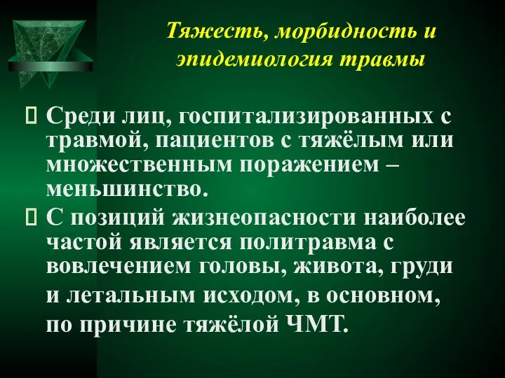 Тяжесть, морбидность и эпидемиология травмы Среди лиц, госпитализированных с травмой,