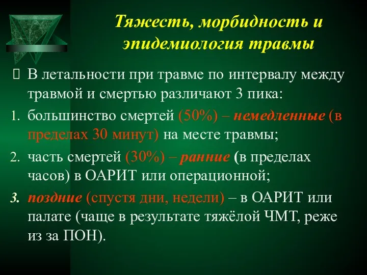 Тяжесть, морбидность и эпидемиология травмы В летальности при травме по