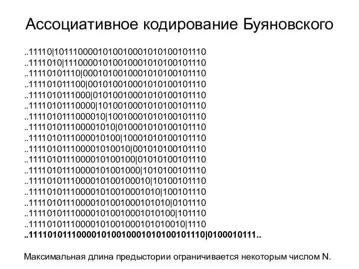 Ассоциативное кодирование Буяновского ..11110|1011100001010010001010100101110 ..1111010|11100001010010001010100101110 ..11110101110|0001010010001010100101110 ..111101011100|001010010001010100101110 ..1111010111000|01010010001010100101110 ..11110101110000|1010010001010100101110 ..1111010111000010|10010001010100101110