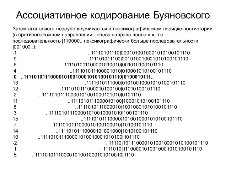 Ассоциативное кодирование Буяновского Затем этот список переупорядочивается в лексикографическом порядке