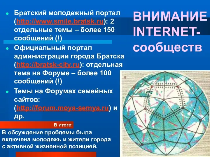 ВНИМАНИЕ INTERNET-сообществ Братский молодежный портал (http://www.smile.bratsk.ru): 2 отдельные темы – более 150 сообщений