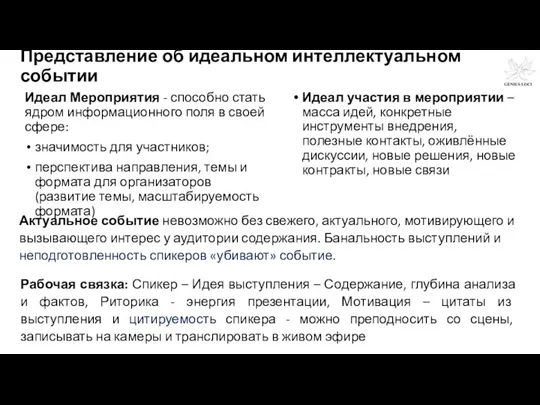 Представление об идеальном интеллектуальном событии Идеал участия в мероприятии –