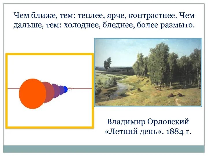 Чем ближе, тем: теплее, ярче, контрастнее. Чем дальше, тем: холоднее,