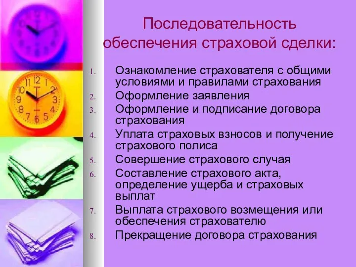 Последовательность обеспечения страховой сделки: Ознакомление страхователя с общими условиями и