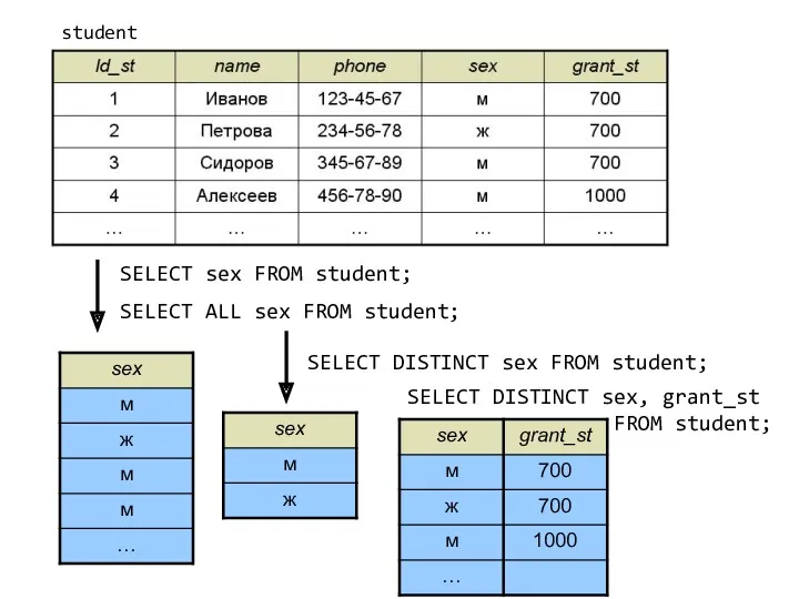SELECT DISTINCT sex, grant_st FROM student; student