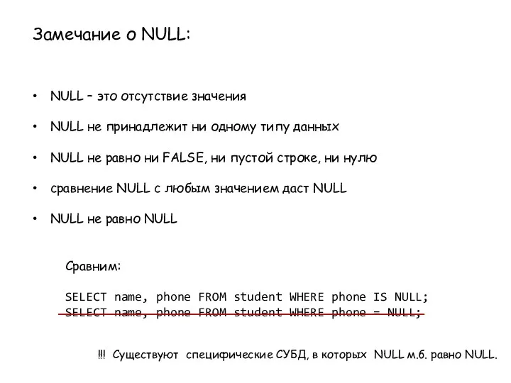 NULL – это отсутствие значения NULL не принадлежит ни одному