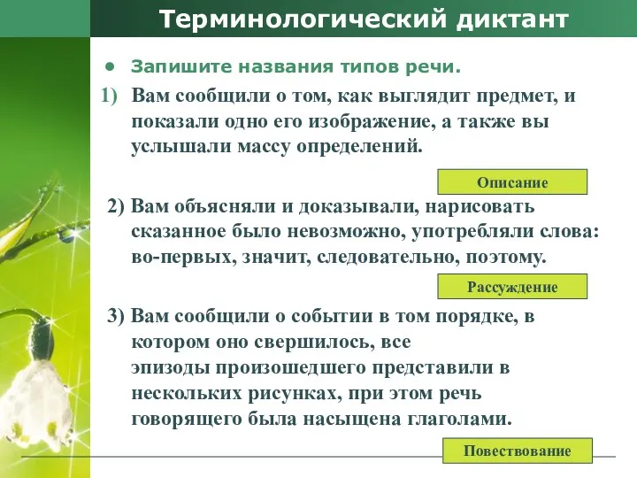 Терминологический диктант Запишите названия типов речи. Вам сообщили о том,