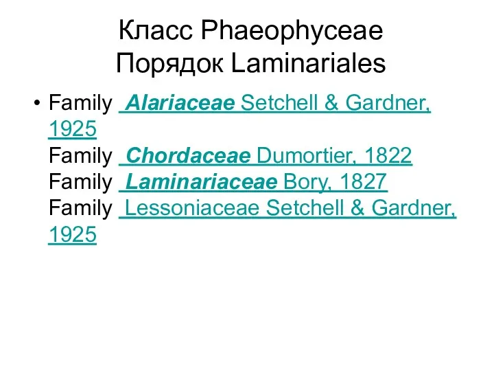 Класс Phaeophyceae Порядок Laminariales Family Alariaceae Setchell & Gardner, 1925 Family Chordaceae Dumortier,