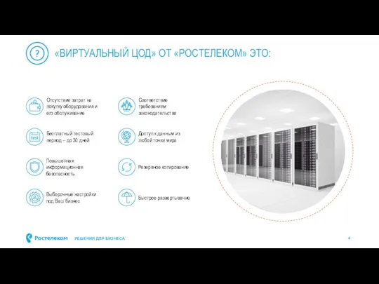 «ВИРТУАЛЬНЫЙ ЦОД» ОТ «РОСТЕЛЕКОМ» ЭТО: Отсутствие затрат на покупку оборудования