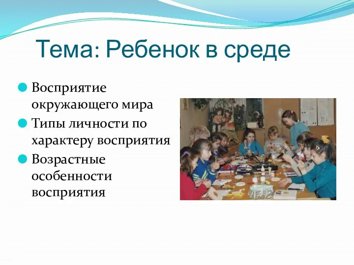 Тема: Ребенок в среде Восприятие окружающего мира Типы личности по характеру восприятия Возрастные особенности восприятия