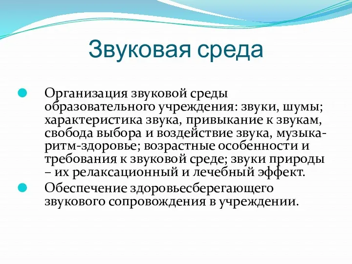 Звуковая среда Организация звуковой среды образовательного учреждения: звуки, шумы; характеристика