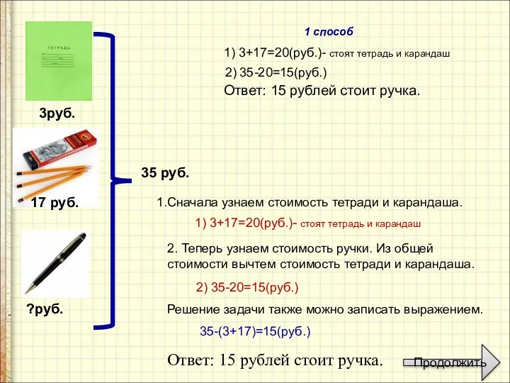 3руб. 17 руб. ?руб. 35 руб. 1) 3+17=20(руб.)- стоят тетрадь