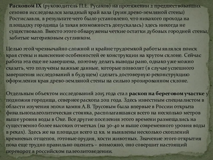 Раскопом IX (руководитель П.Е. Русаков) на протяжении 2 предшествовавших сезонов