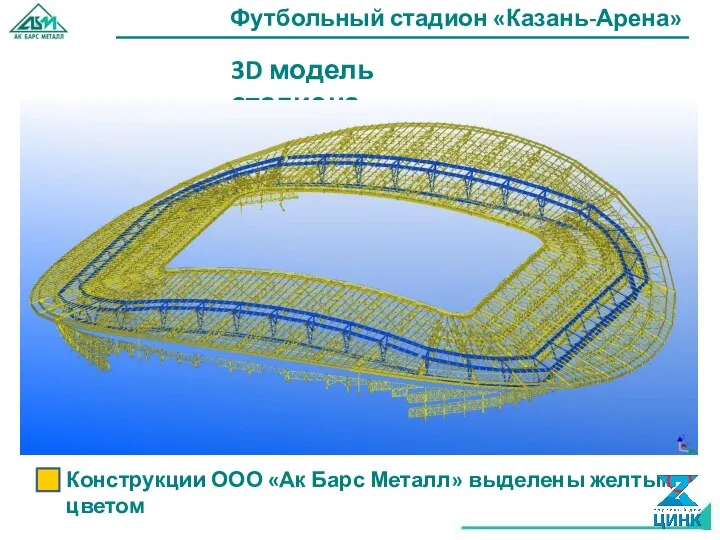 Футбольный стадион «Казань-Арена» 3D модель стадиона Конструкции ООО «Ак Барс Металл» выделены желтым цветом