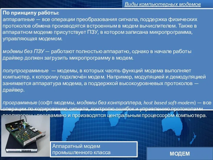 МОДЕМ Виды компьютерных модемов По принципу работы: аппаратные — все