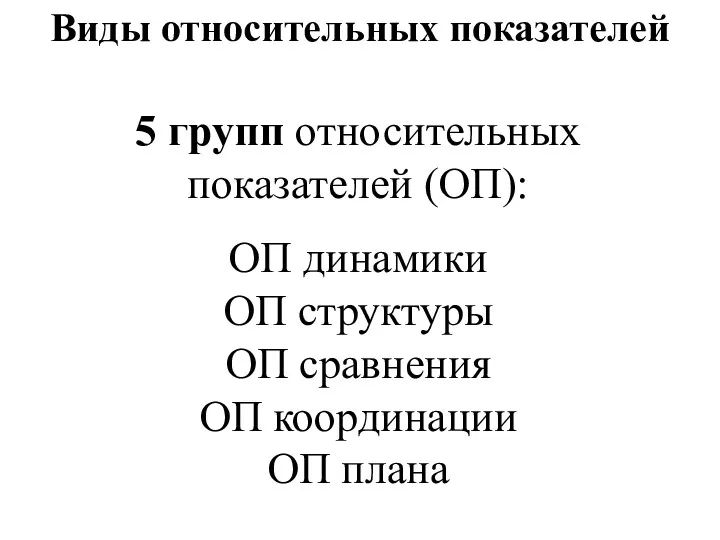 Виды относительных показателей 5 групп относительных показателей (ОП): ОП динамики