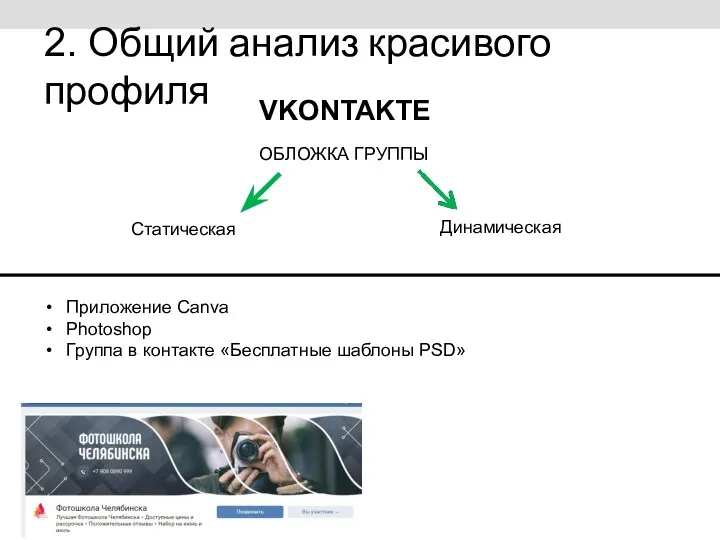 2. Общий анализ красивого профиля ОБЛОЖКА ГРУППЫ Статическая Динамическая Приложение