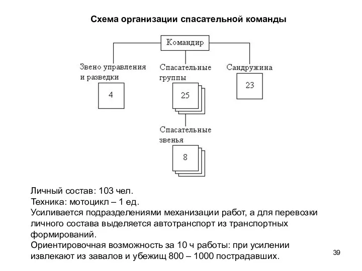 Схема организации спасательной команды Личный состав: 103 чел. Техника: мотоцикл