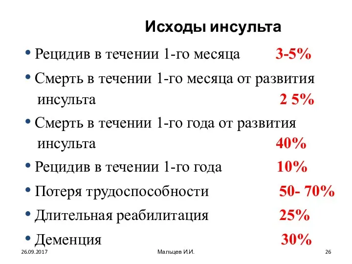 Исходы инсульта Рецидив в течении 1-го месяца 3-5% Смерть в