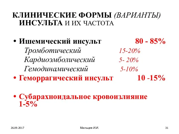 КЛИНИЧЕСКИЕ ФОРМЫ (ВАРИАНТЫ) ИНСУЛЬТА И ИХ ЧАСТОТА Ишемический инсульт 80